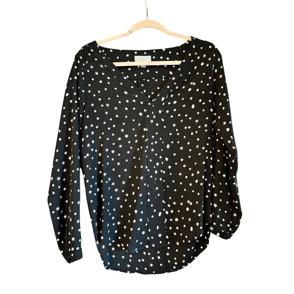 Veronica M. Black Polka‎ Dot Print Long Sleeve Blouse Top XS